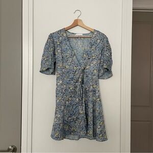 GANNI • floral printed crinkled satin bow wrap dress